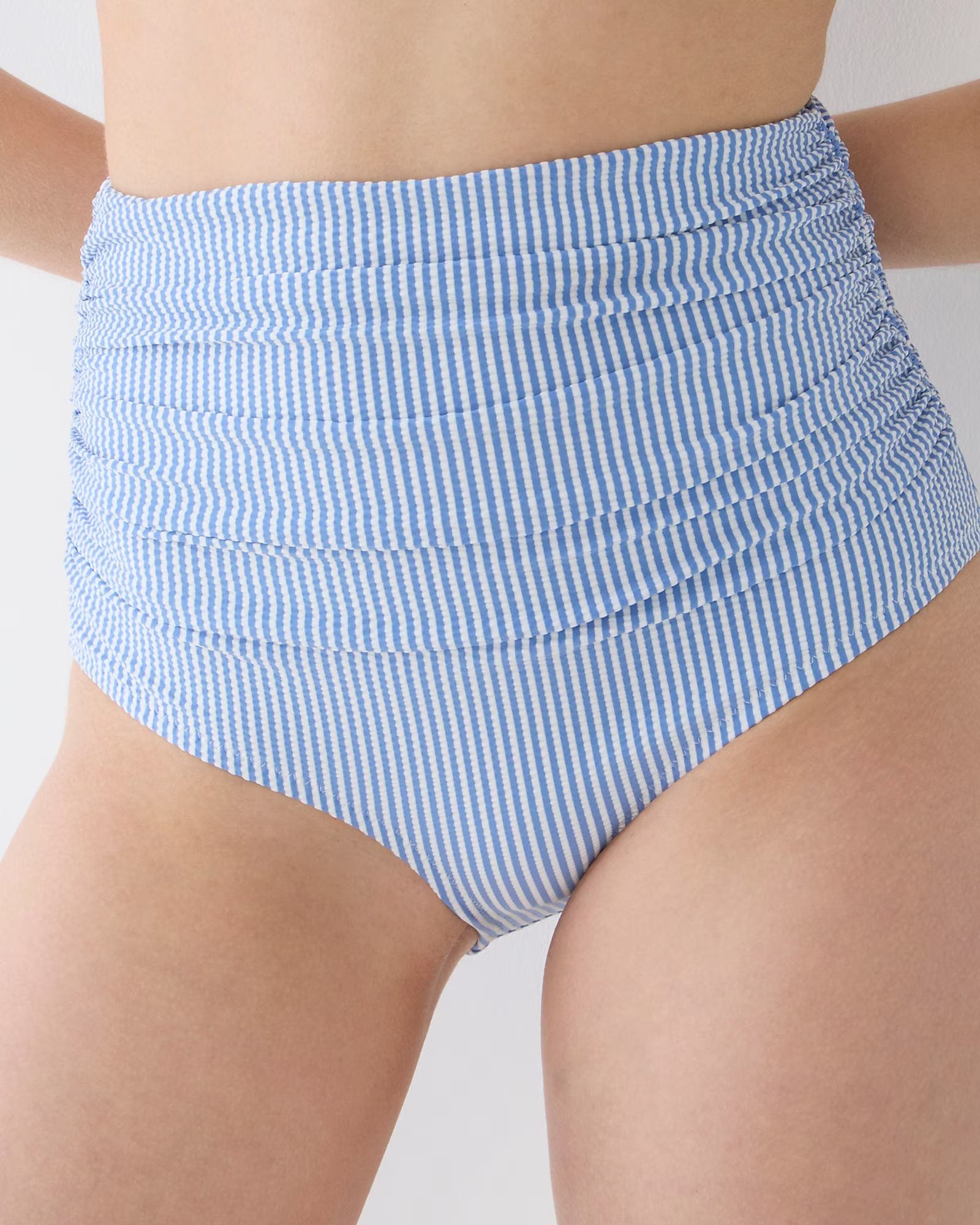 Ruched high-rise full-coverage bikini bottom in seersucker stripe | J.Crew US