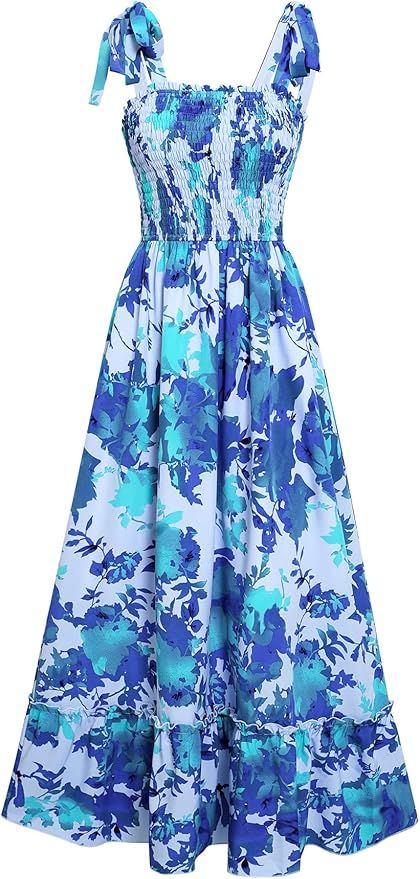 Women's Summer Maxi Dress 2024 Boho Floral Smocked Shirred Beach Sundress | Amazon (US)