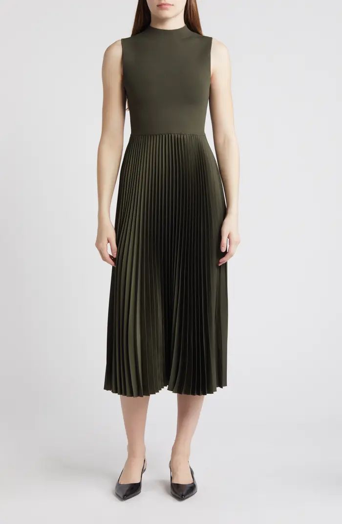 Theory Pleated Sleeveless Mock Neck Midi Dress | Nordstrom | Olive Green Dress | Dark Green Dress | Nordstrom