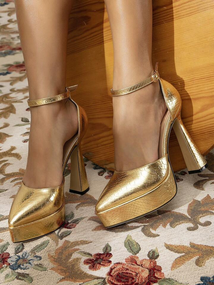 Women's High Heels With Waterproof Platform Gold Pattern For Daily, Casual, Nightclub And Show | SHEIN