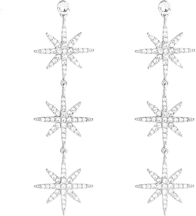 Blingsoul Gold 3 Christmas Stars Earrings - Silver Crystal 3 Hexagonal Snowflakes Dangling Weddin... | Amazon (US)