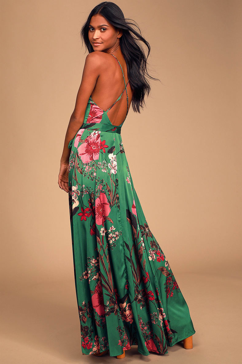 Still the One Emerald Green Floral Print Satin Maxi Dress | Lulus (US)