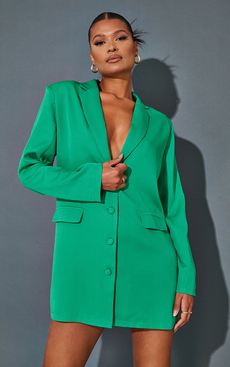 Green Long Sleeve Oversized Shoulder Pad Blazer Dress | PrettyLittleThing US