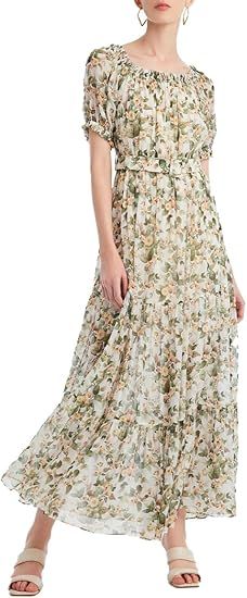 GOELIA Womens 2024 Spring Green Floral Dress 100% Silk Flowy Puff Sleeve Tiered Maxi Dresses with... | Amazon (US)