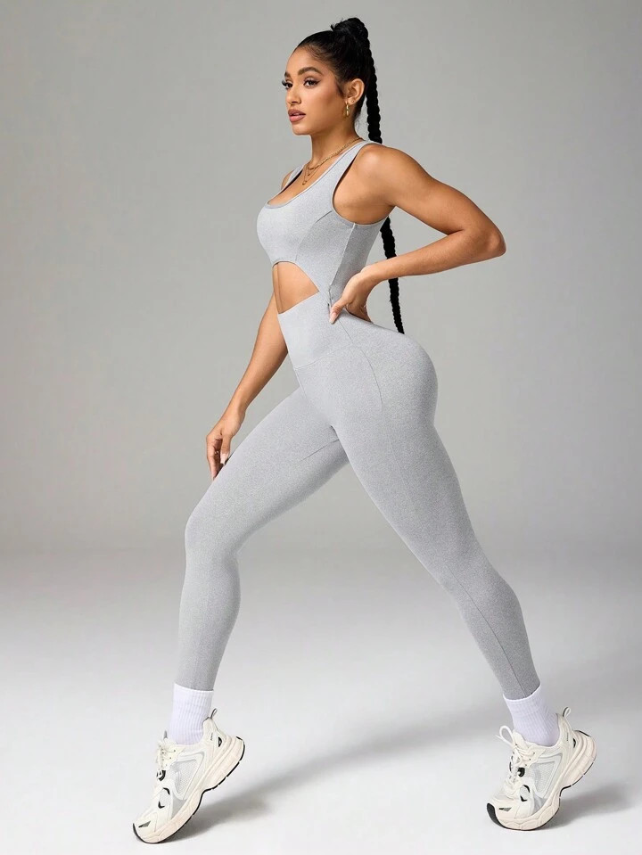 SHEIN Sport Studio Women's Solid Color Wide Strap Hollow-Out Simple Slim Fit Jumpsuit | SHEIN