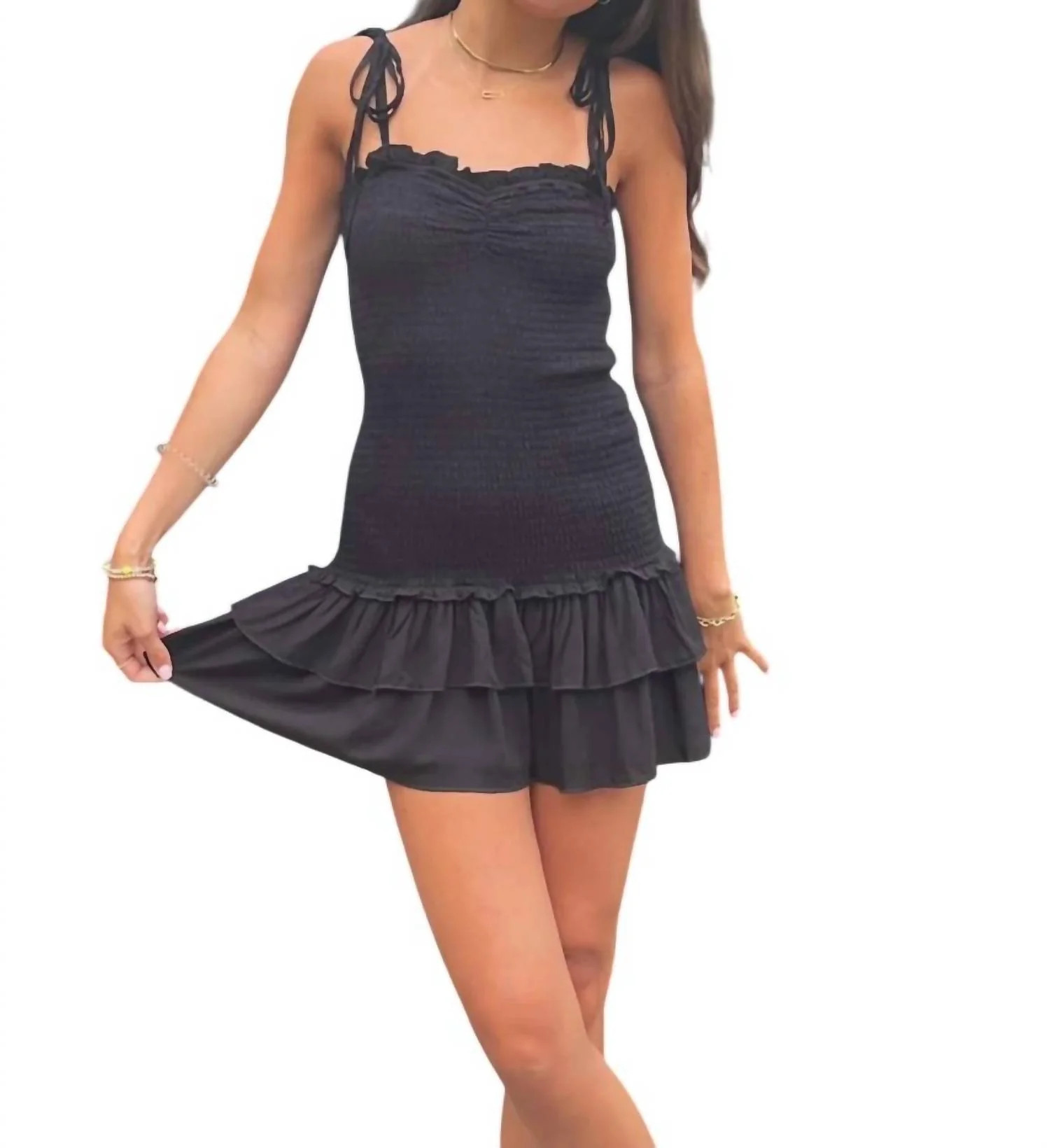 Meri Smocked Mini Dress In Black | Shop Simon