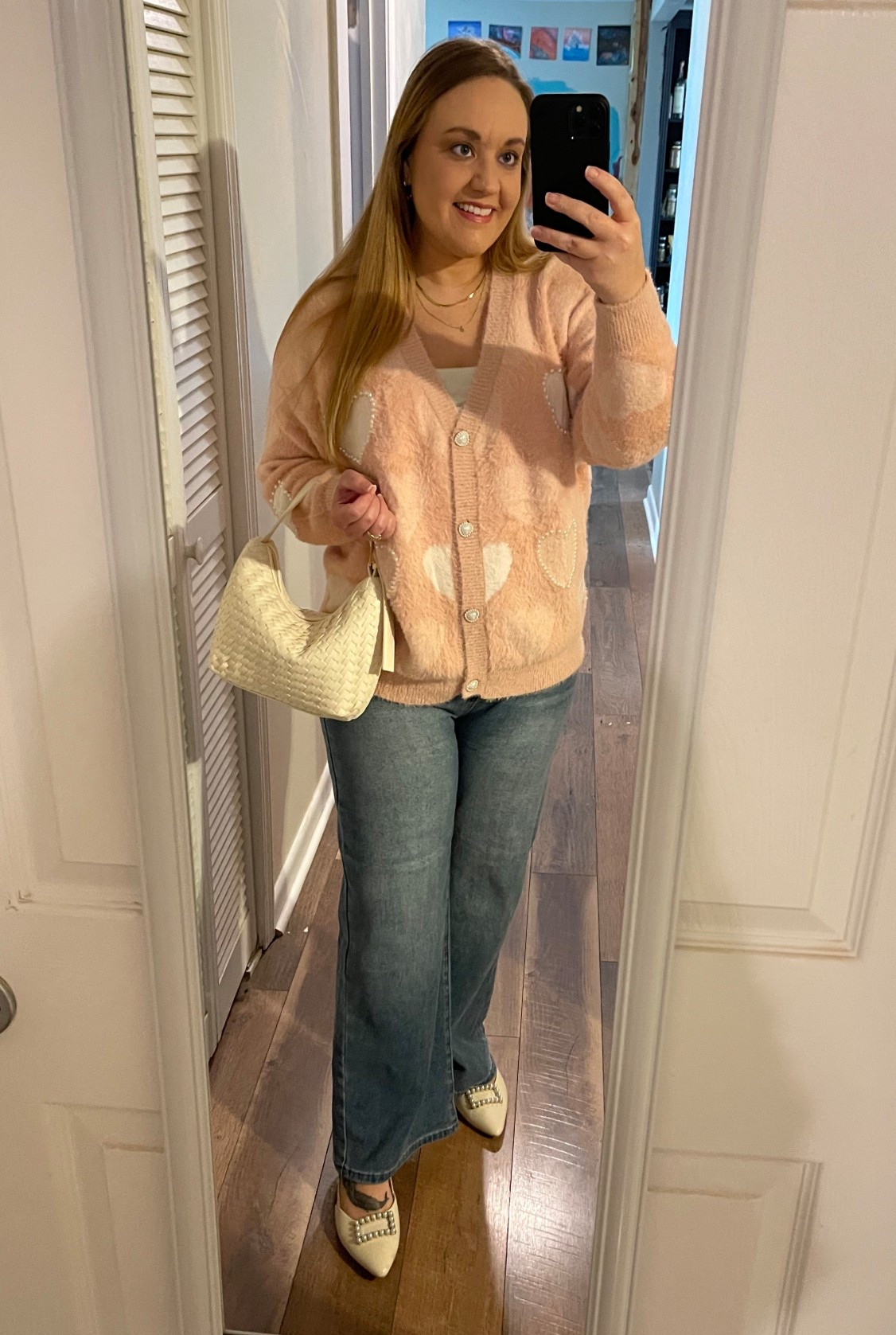 Slingback flats, high waisted jeans, Amazon jeans, stretchy jeans, woven handbag, pearl earrings, pearl hoops, Valentine’s Day, vday, heart sweater, pink sweater, Amazon outfit, Amazon style, weekend outfit, shopping outfit, gold necklaces, layering necklaces, pointed toe flats 

#LTKootd #LTKMidsize #LTKTravel