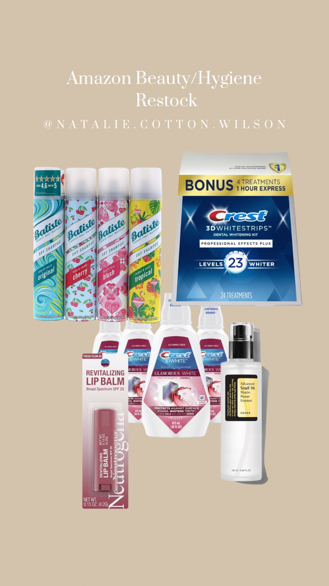Fave affordable dry shampoo. Great for thick blonde hair

White strips and mouthwash 

Snail mucin serum - I apply this every other day in the morning. After tretinoin overnight! 

Fave tinted lip balm. This often goes out of stock. I buy 3 at a time! 



#LTKBeauty #LTKMostLoved #LTKFindsUnder50