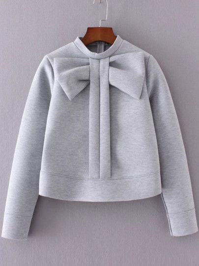 Grey Bow Embellished Crew Neck Sweatshirt | SHEIN