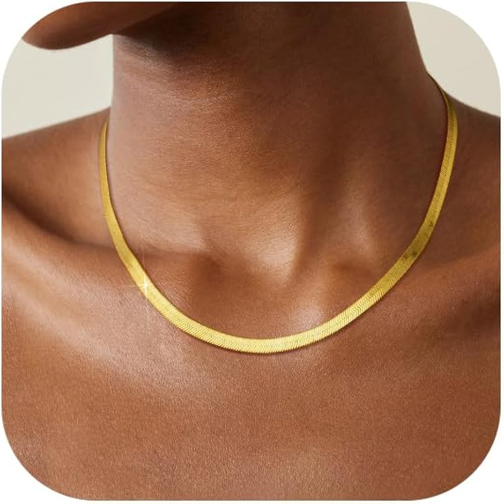 Amazon.com: Wowshow Real Gold Plated Italian Snake Chain Necklace Flat Herringbone Choker Dainty ... | Amazon (US)