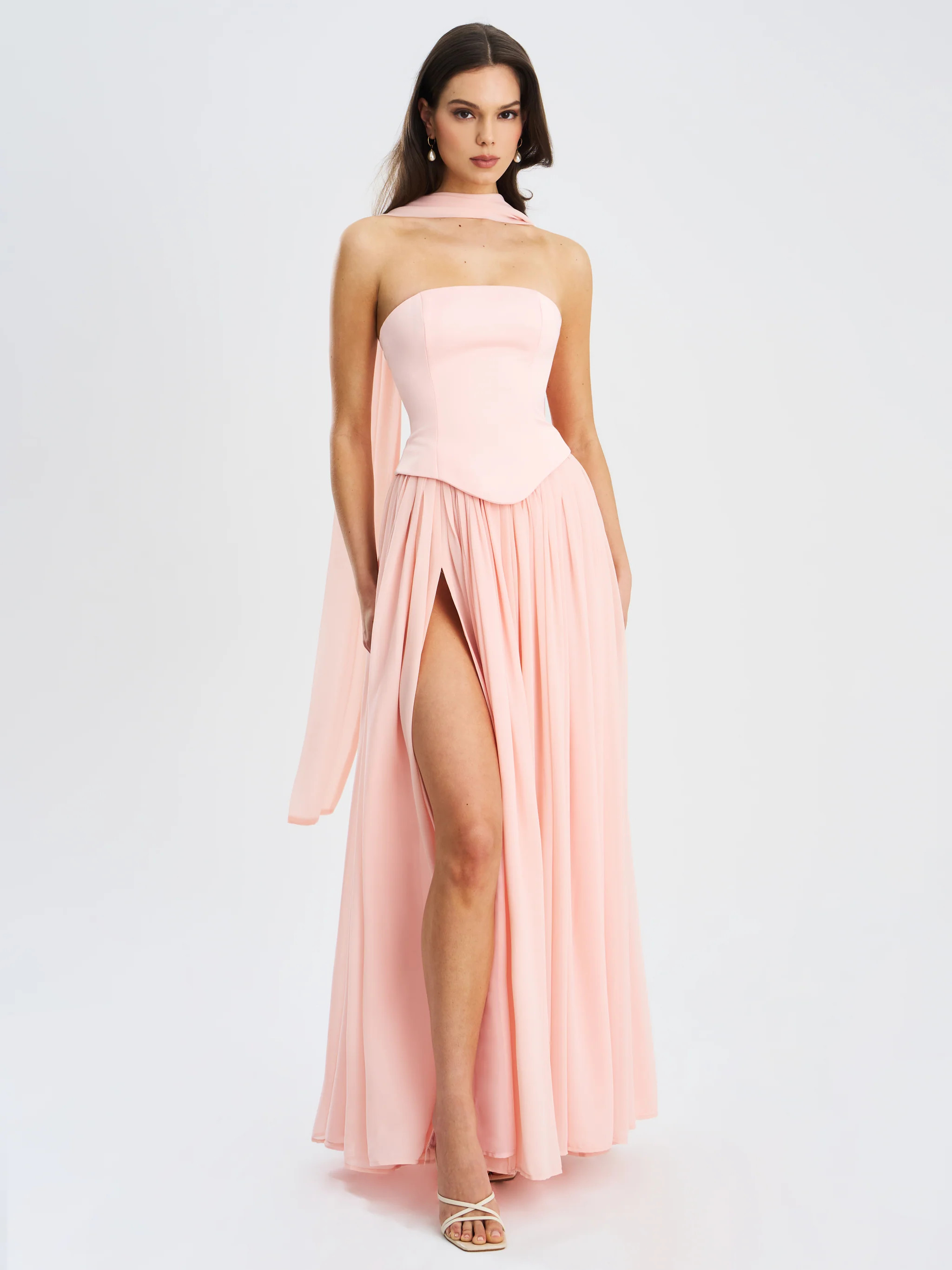 Qianna Baby Pink Peplum Top Drop Waist Chiffon Gown | Miss Circle