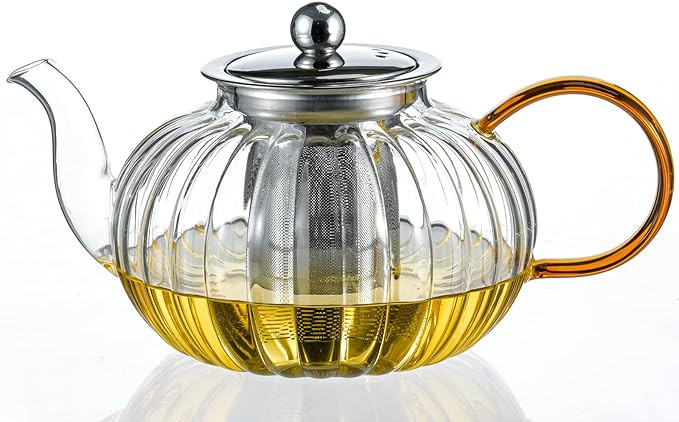 Glass Teapot 33.8oz/1000ml, Glass Tea Kettle with Removable Infuser, Pumpkin Shape Hand Blown Tea... | Amazon (US)