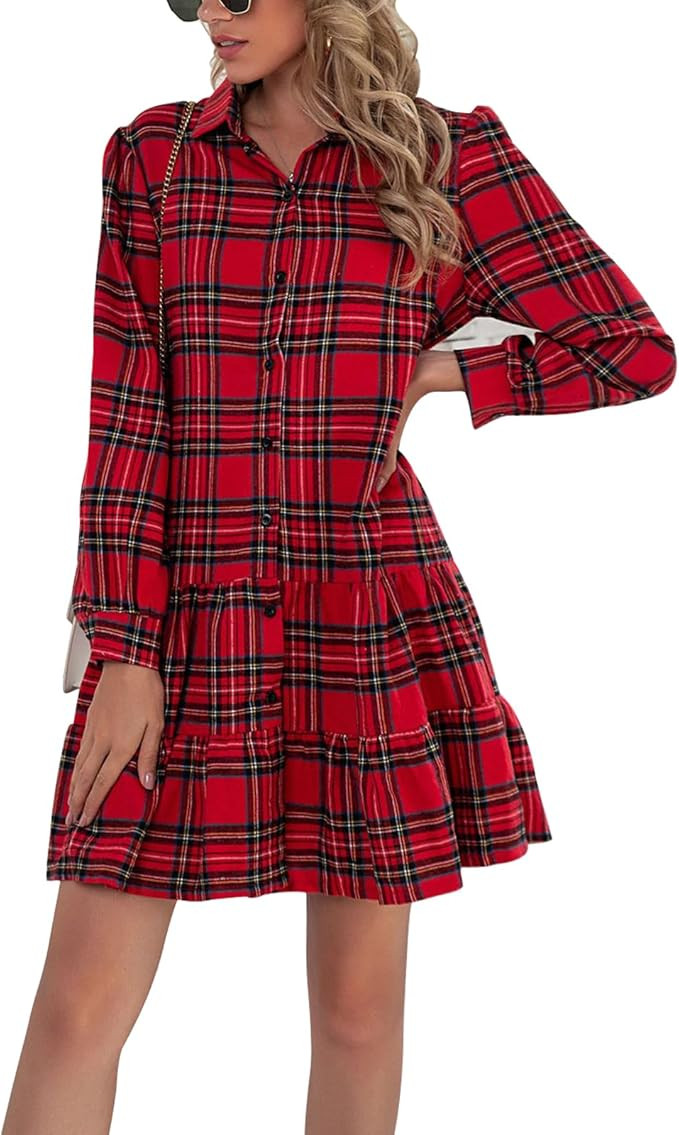 Women's Plaid Tunic Dress V Neck Button Down Collar Mini Dress Flowy Swing Shift Christmas Dress ... | Amazon (US)