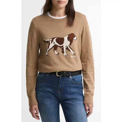 Barbour Airedale Dog Intarsia Cotton & Cashmere Crewneck Sweater in Pale Camel at Nordstrom, Size 6 Us | Nordstrom
