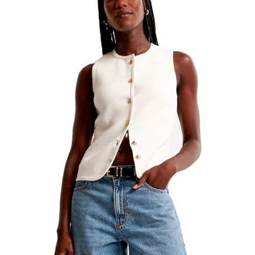 Leyajedol Women Button Down Knit Vest Sleeveless Round Neck Tank Top Vintage Slim Fit Vest Open Front Fall Going Out Top(White,S) | Amazon (US)