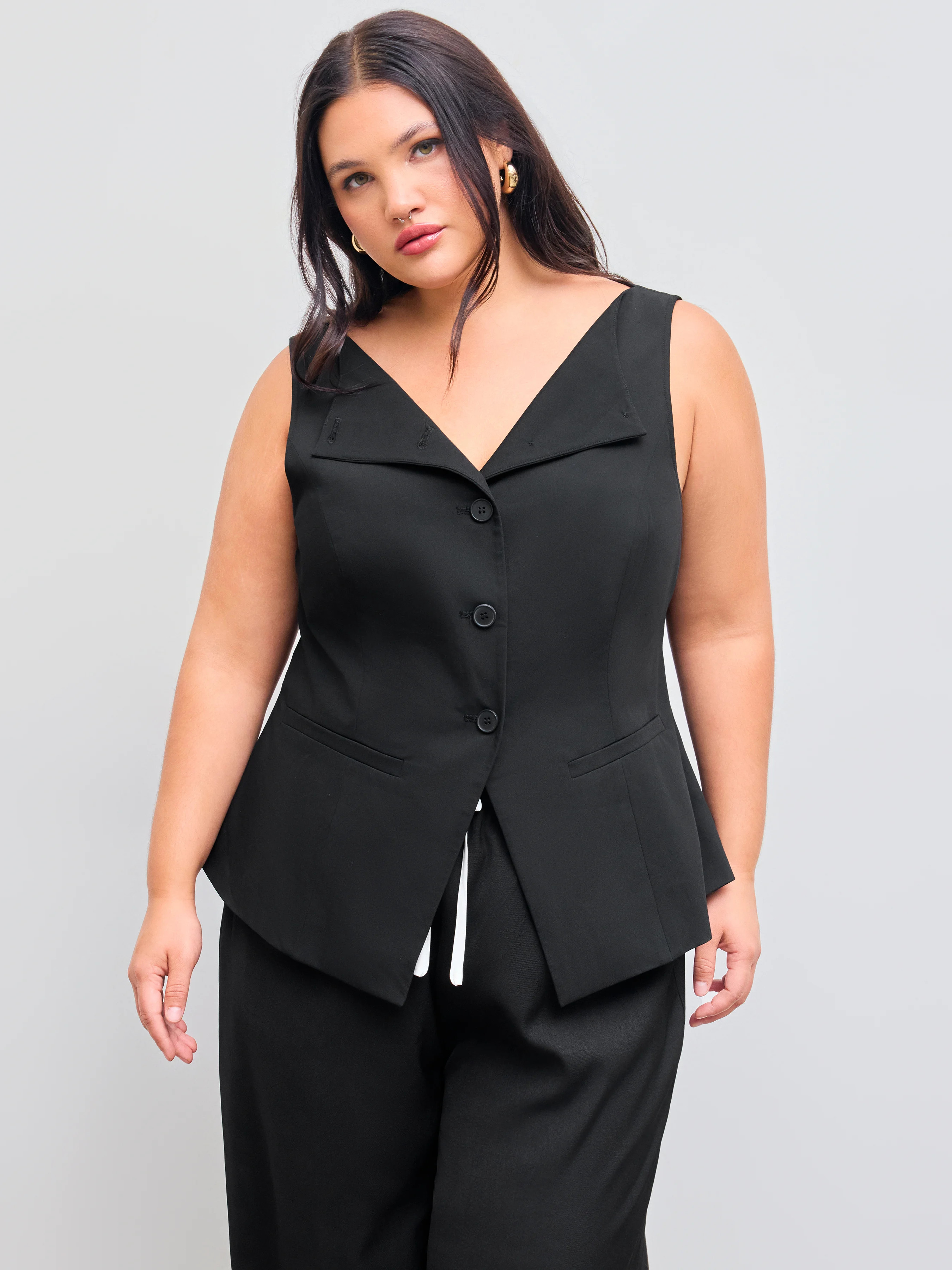 Woven Woven Boat Neck Solid Button Vest Curve & Plus For Work | Cider