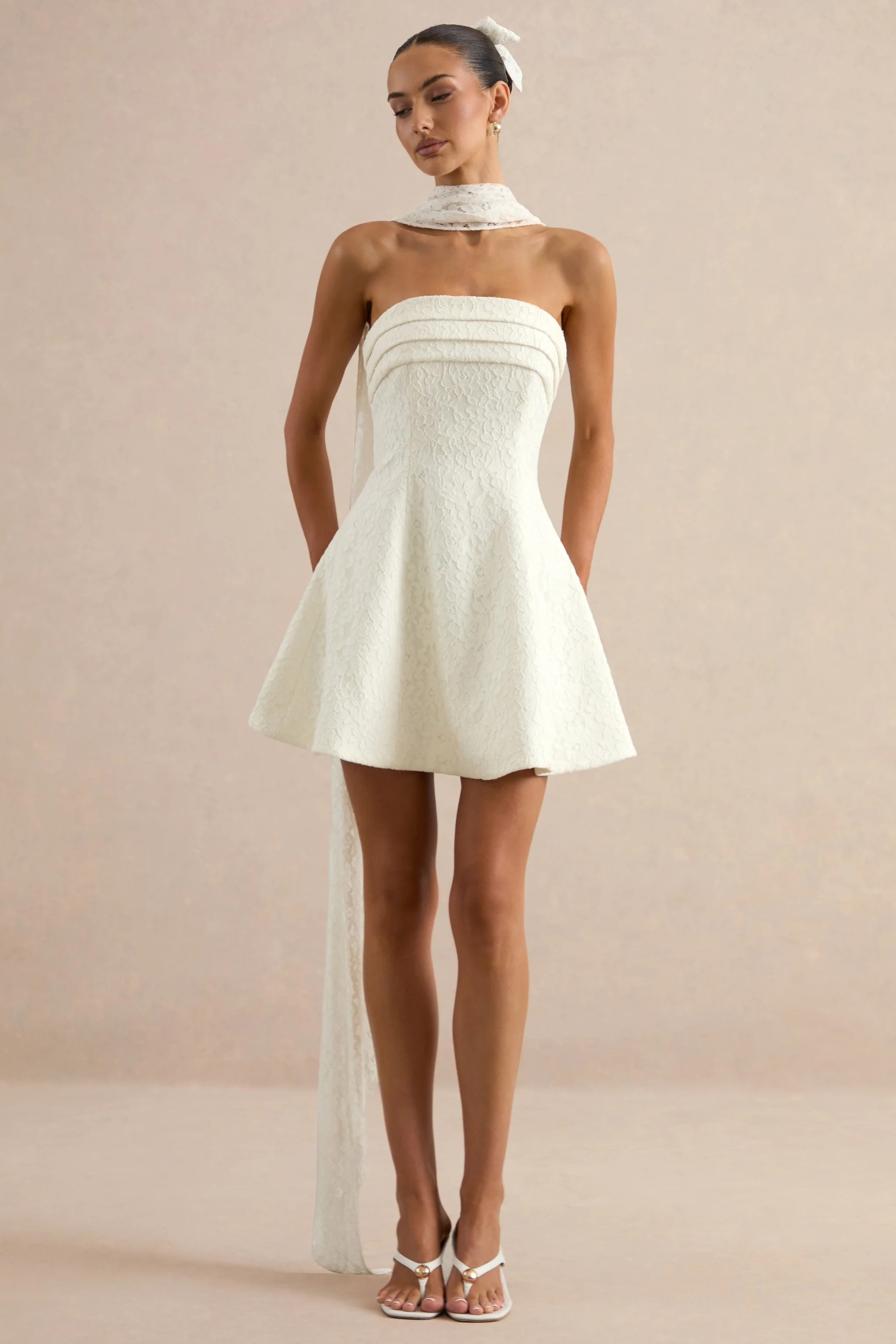 Elvara | White Lace Bandeau-Neck Mini Dress With Scarf Detail | Club L London