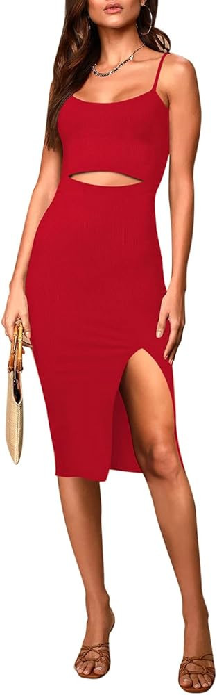 Pink Queen Women's Spaghetti Strap Cutout Side Slit Ribbed Knee Length Bodycon Midi Dress | Amazon (US)