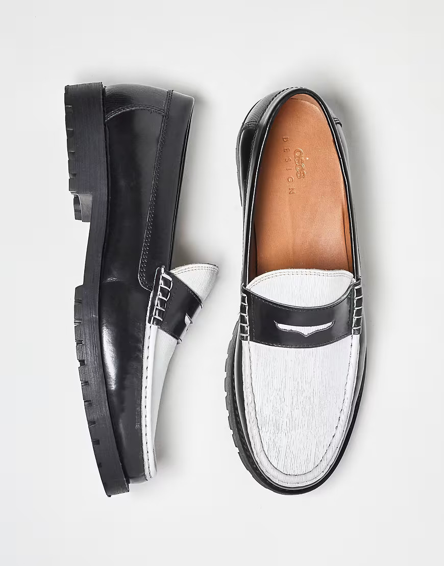 ASOS DESIGN penny loafers in textured black and white leather | ASOS (Global)