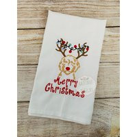 Embroidered Golden Doodle Reindeer Christmas Tea Towel | Etsy (US)