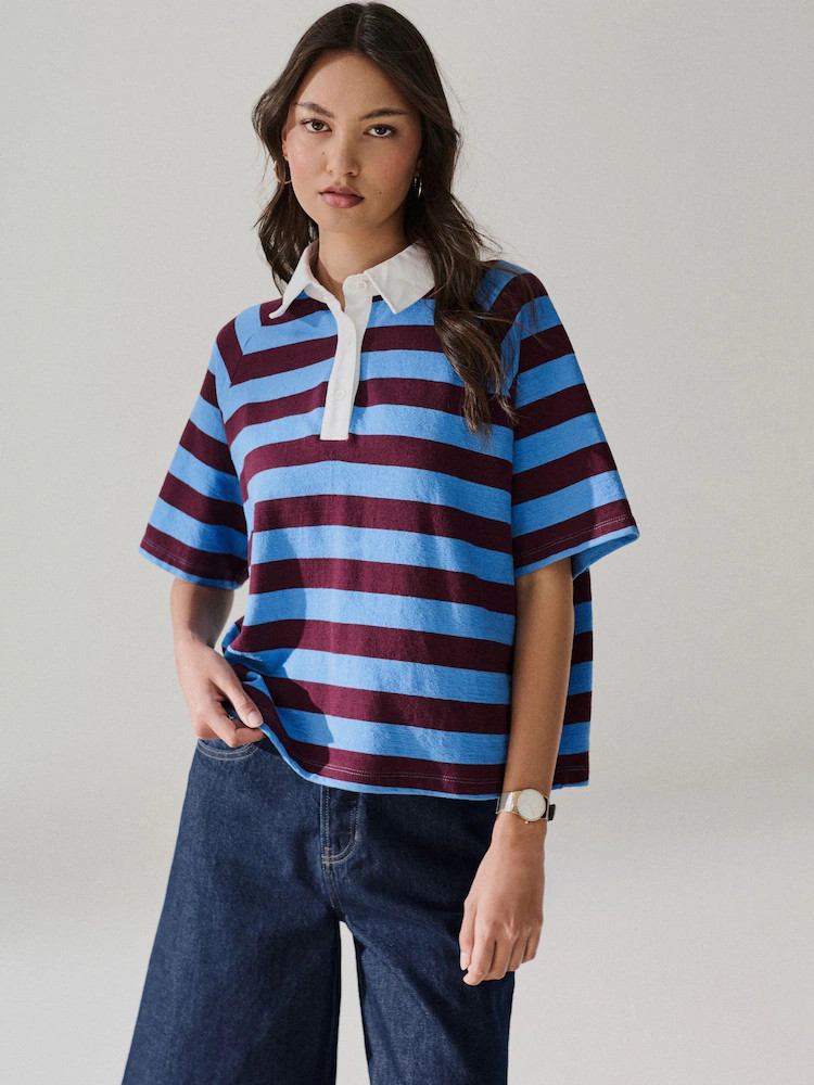 Buy Blue/Brown Stripe Short Sleeve Collared Rugby Polo Top from Next United Arab Emirates | Next UAE