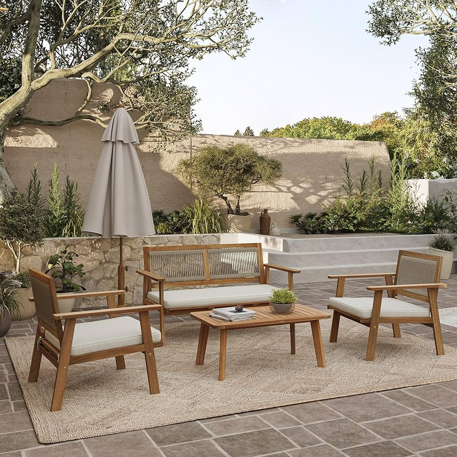 LuxenHome Outdoor Patio Conversation Set, Rope Back Acacia Wood Outdoor Furniture, 4 Piece Patio ... | Amazon (US)