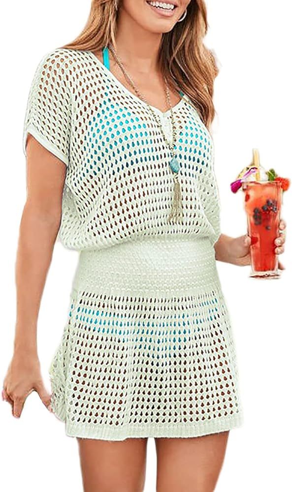 Bsubseach Women Crochet Hollow Out Swim Cover Ups Short Sleeve Beach Swimwear Tunic Dress | Amazon (US)