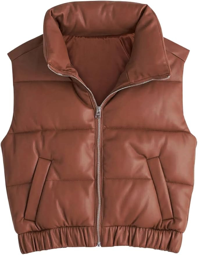 Fisoew Womens Faux Leather Puffer Vest High Stand Collar Zip Up Sleeveless Winter Cropped Jacket ... | Amazon (US)