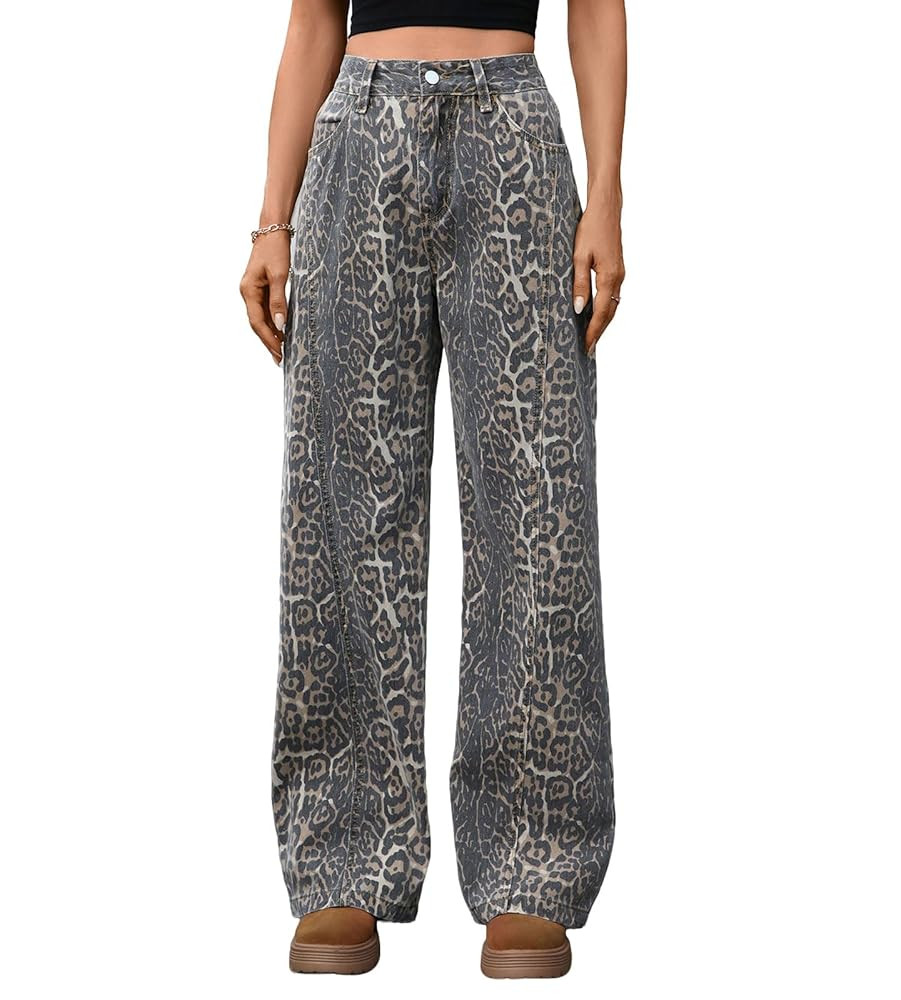loveimgs Women Y2k Baggy Cheetah Jeans Wide Leg Mid Rise Leopard Jeans Boyfriend Denim Pants Patc... | Amazon (US)