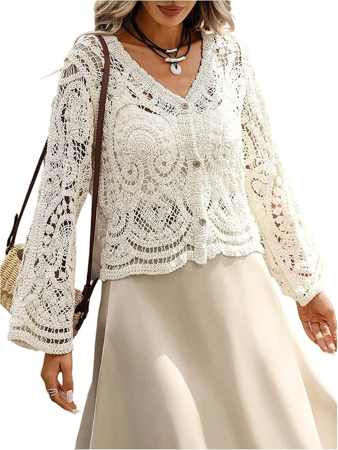 GORGLITTER Women's Boho Crochet Cropped Cardigan Lightweight Sheer Long Sleeve Button Up Spring T... | Amazon (US)