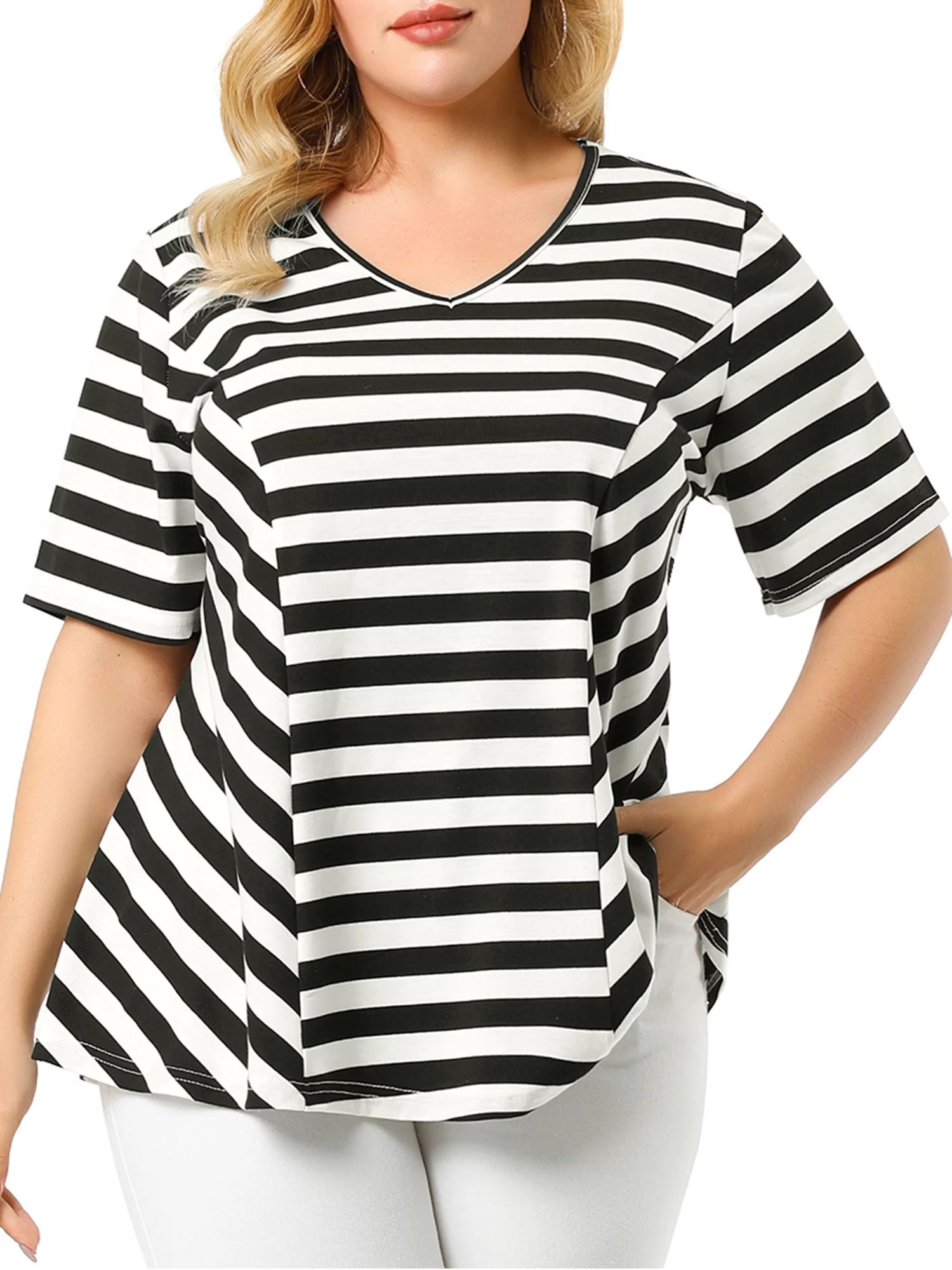 Unique Bargains Women's Plus Size T Shirts V Neck Stripe Short Sleeve Peplum Top | Walmart (US)