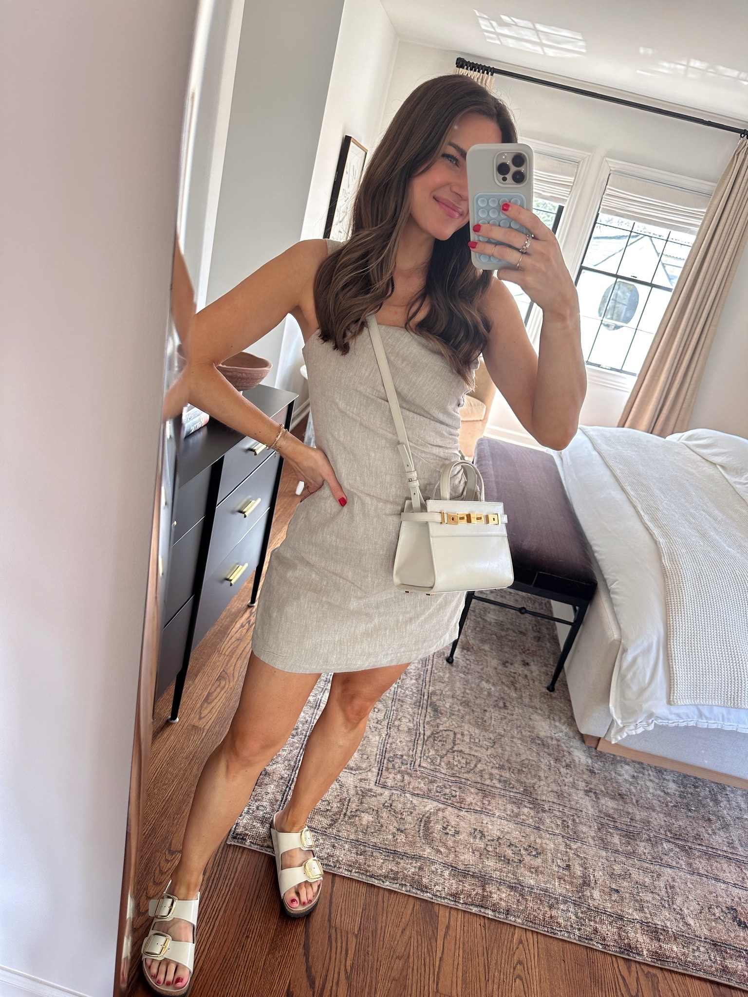 This neutral linen dress is a new fav👏 You can easily dress down with white sneakers, too! I'm wearing a size S. Sandals for TTS. 