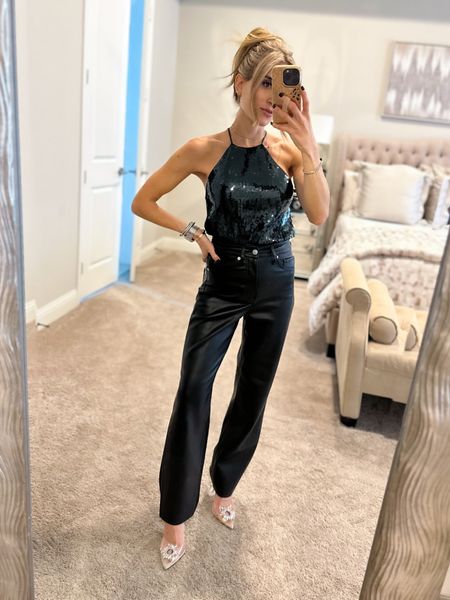 Sequin tank size Xs, faux leather pants size 00 short 50a% off holiday outfit 

#LTKunder100 #LTKCyberweek #LTKHoliday