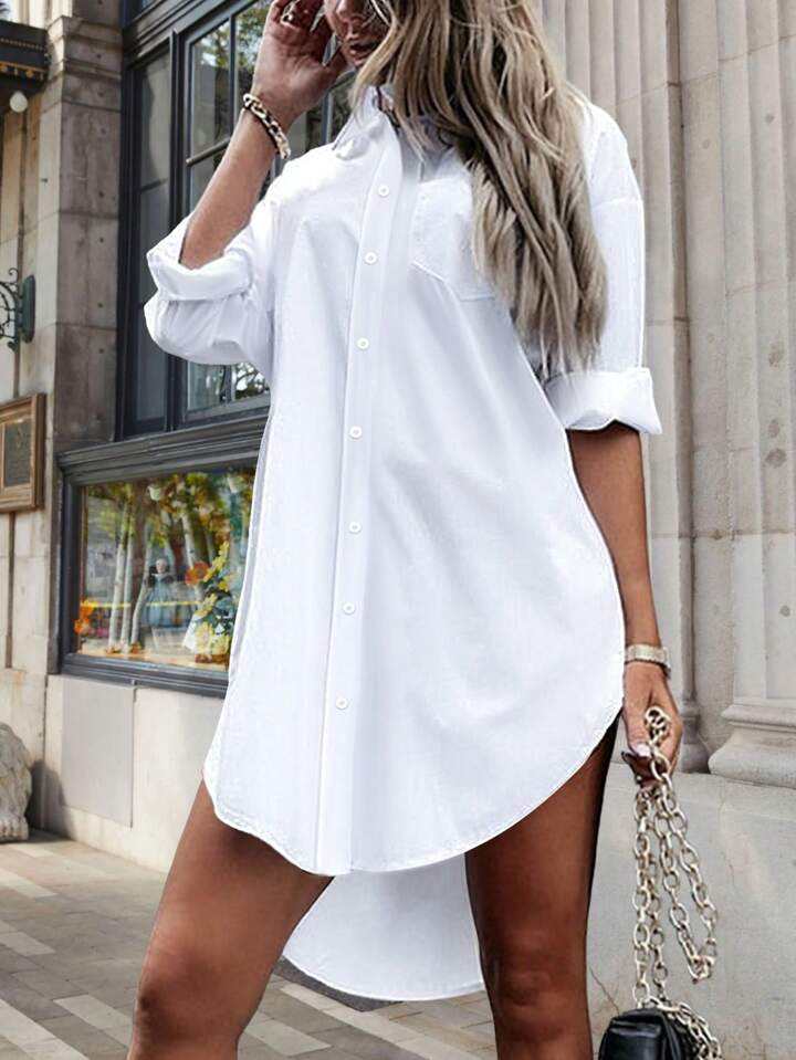 Solid Button Front High Low Hem Dress | SHEIN