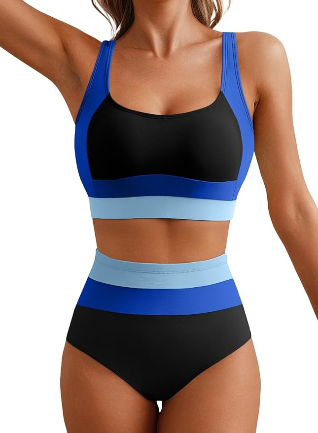 Herseas Women 2 Piece High Waisted Bikini Sets Colorblock Sporty Swimsuits Wide Straps Bathing Su... | Amazon (US)