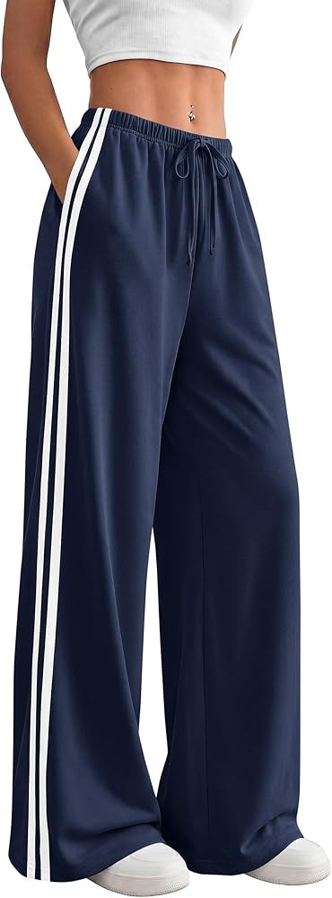 PRETTYGARDEN Womens Wide Leg Sweatpants Striped Drawstring Waist Casual Athletic Track Sports Pan... | Amazon (US)