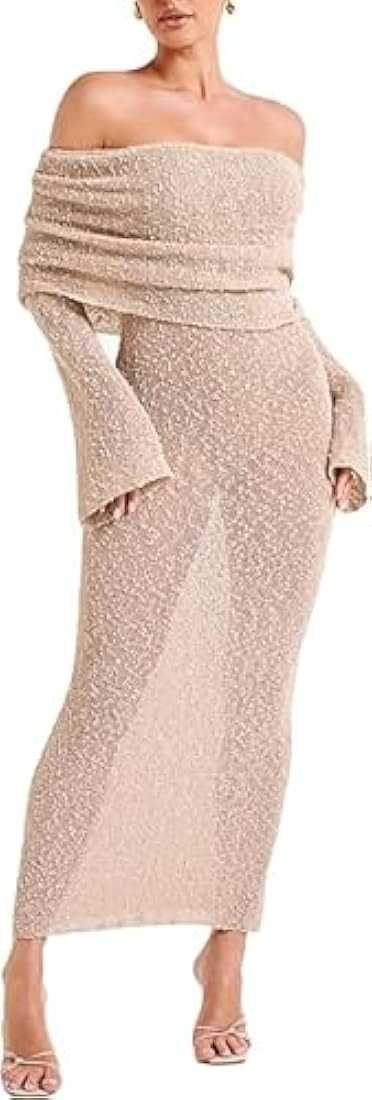 CUTEGAL Women's Off Shoulder Maxi Dress Long Sleeve Bodycon Knit Crochet Mesh Sweater Sexy Vacati... | Amazon (US)