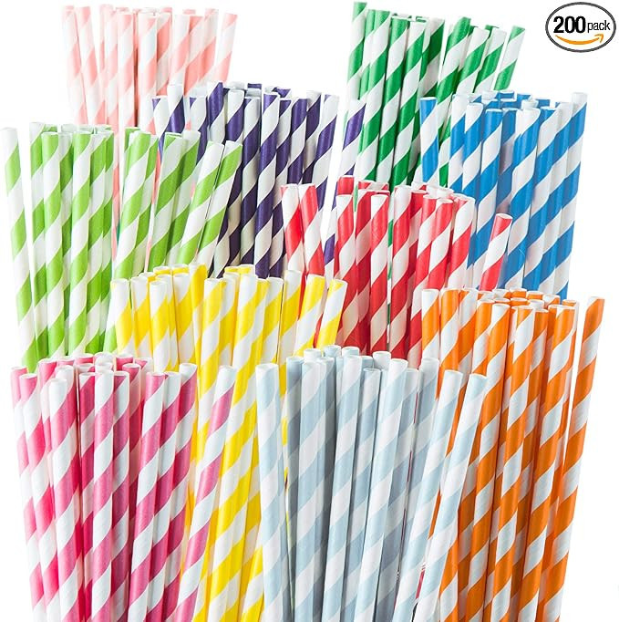 Weemium 200 Biodegradable Paper Straws - Durable & Eco-Friendly in 10 Color Stripes - Rainbow Dri... | Amazon (US)