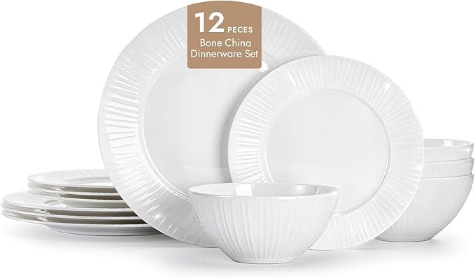 KINGSTONE Bone China Dinnerware Set, 12-Piece White Lightweight Porcelain with Textured Design Se... | Amazon (US)