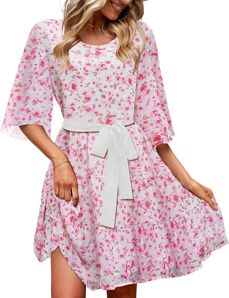 LookbookStore Floral Babydoll Dress for Women Chiffon Cute Flowy Summer Beach Short Dresses with Poc | Amazon (US)