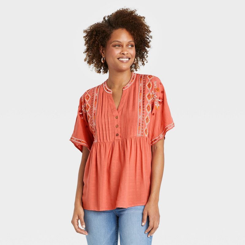 Women's Flutter Short Sleeve Pintuck Embroidered Henley Shirt - Knox Rose™ Copper | Target