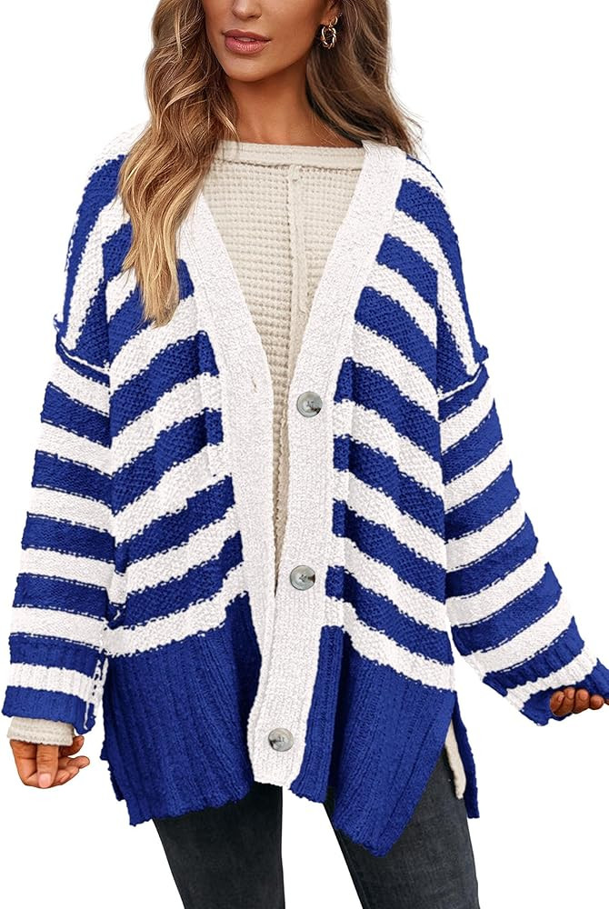 PRETTYGARDEN Women's Winter Striped Cardigan Sweaters Long Sleeve Button Down Open Front Chunky K... | Amazon (US)
