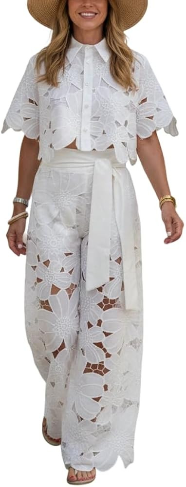 Womens Eyelet Floral Embroidery 2 Piece Set Cropped Top & Belted Wide-Leg Pants Beach Vacation Ou... | Amazon (US)