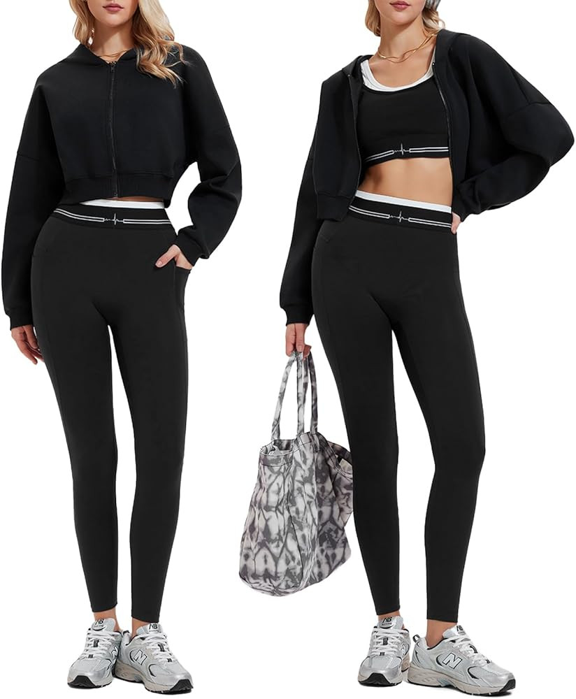 Airfree Two Piece Sets for Women Cropped Zip Up Hoodie High Waisted Leggings Fall Sweatshirt Trac... | Amazon (US)