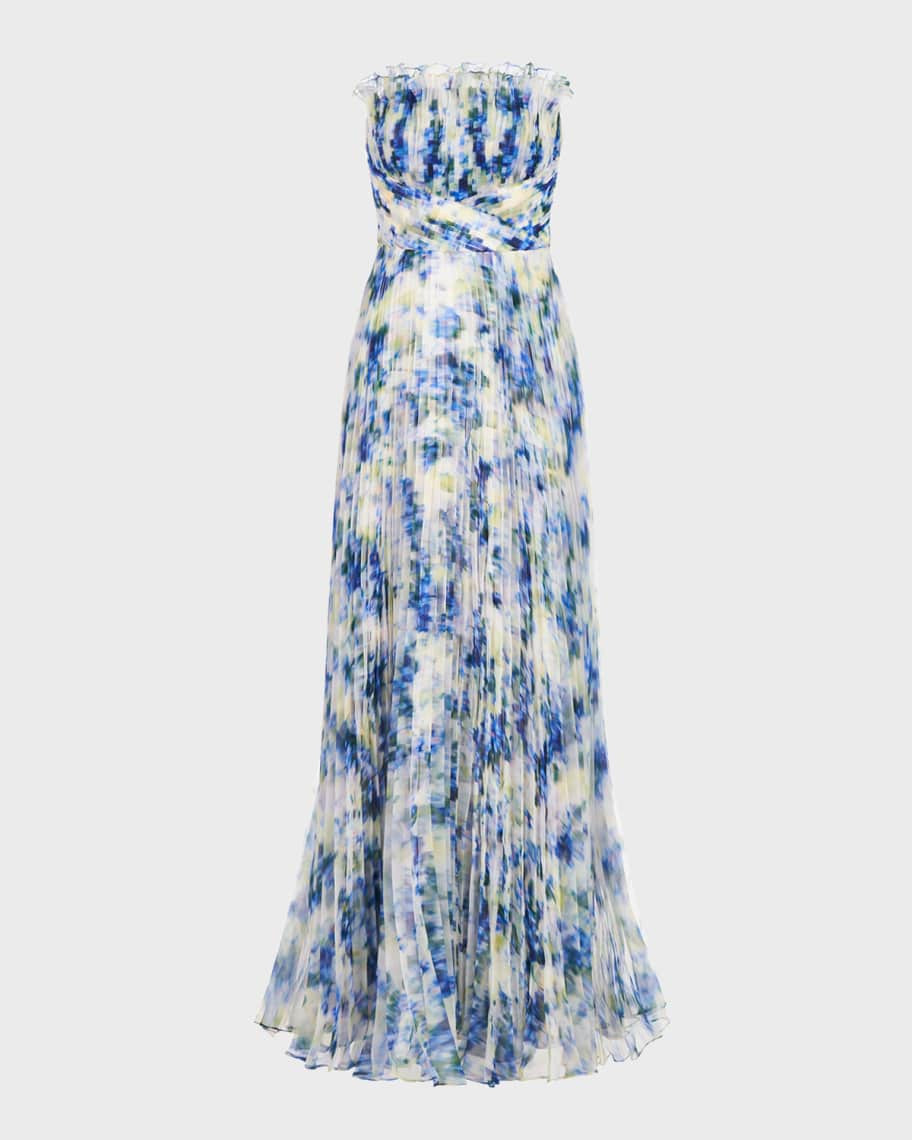 Theia Ingrid Strapless Pleated Abstract-Print Gown | Neiman Marcus