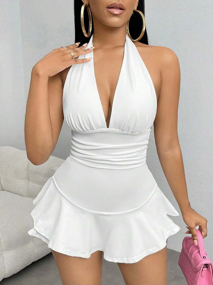 SHEIN SXY Summer Beach Ruched Ruffle Hem Backless Halter Neck Romper | SHEIN