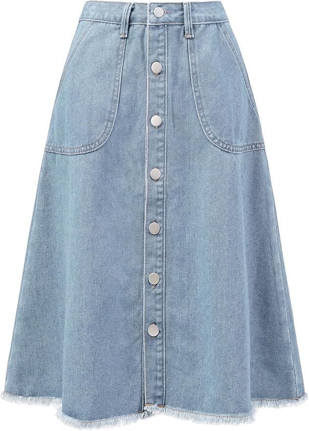 Allegra K Women's Denim Skirts Raw Hem Button Down Midi Jeans Skirt | Amazon (US)