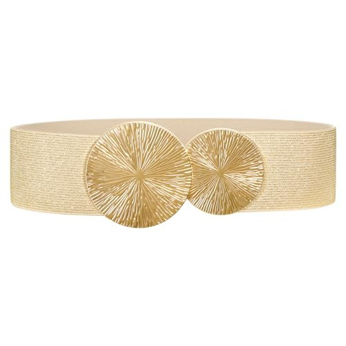 SANSTHS Women Wide Elastic Belts for Dresses Fashion Stretchy Waist Belts Ladies Cinch Belts with Gold Buckle,Gold,S | Amazon (US)