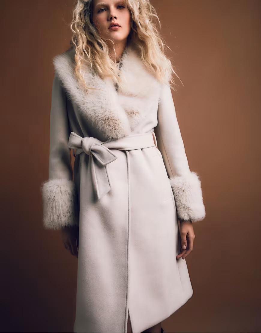 Stradivarius Long coat with faux fur detail in ecru-White | ASOS (Global)