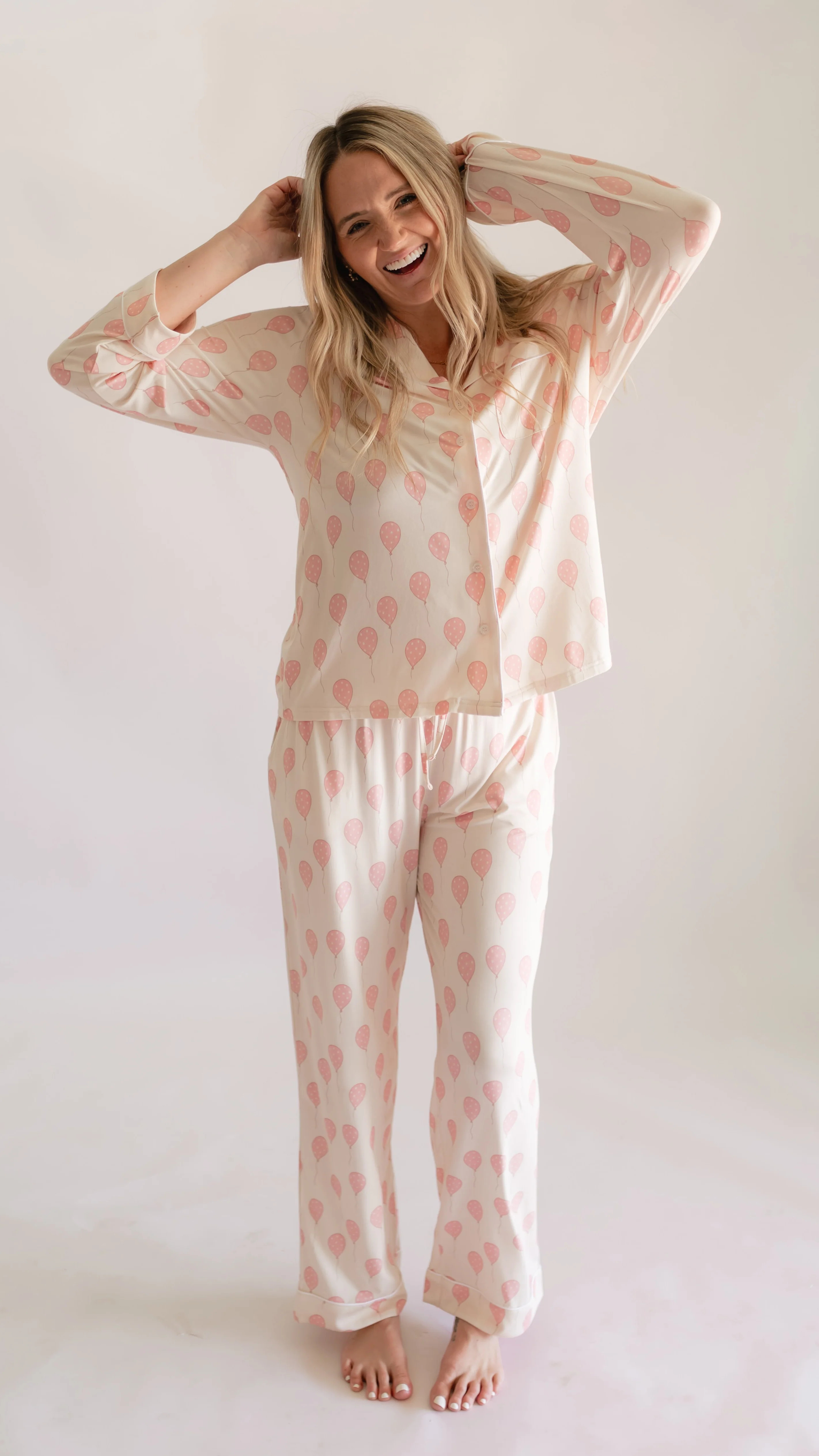 Women's Button Up Set In Pink Balloons | Silks Design